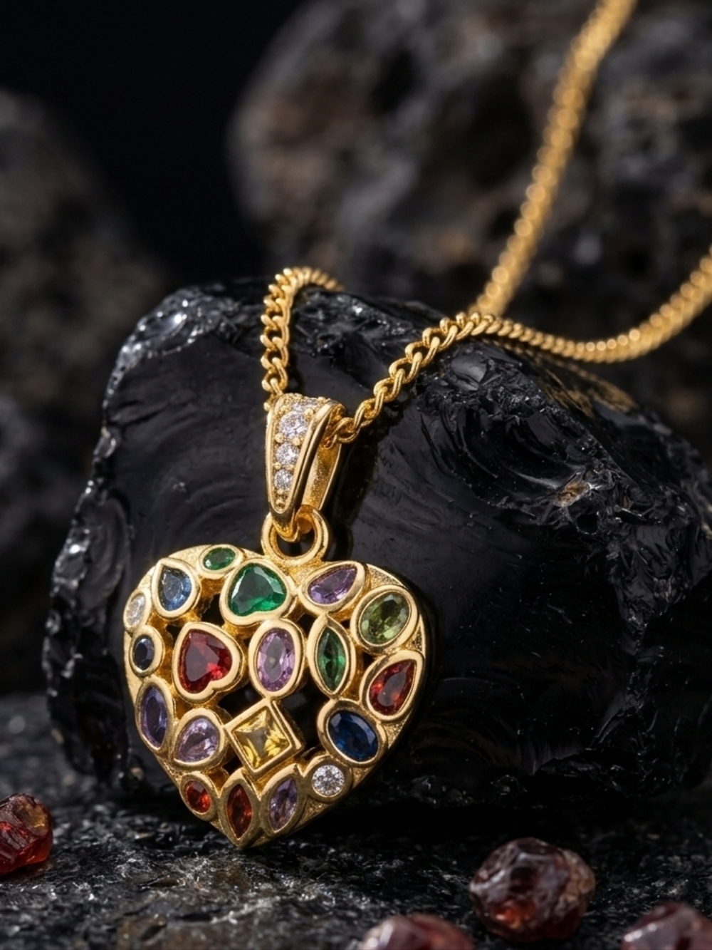 18K Gold Plated Rainbow CZ Heart Pendant Necklace Maximalist Byzantine 16" Gold